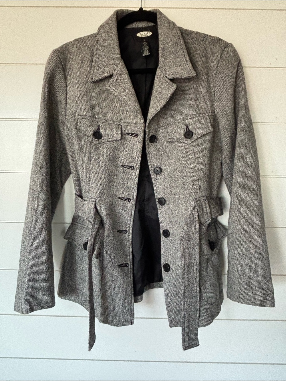 Old Navy Black/White Wool-Blend Button Front Belted Blazer